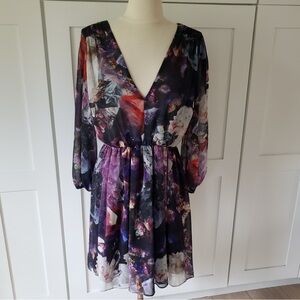 Alice + Olivia Dress Womens S Purple Abstract Long Sleeve Art Print Statement